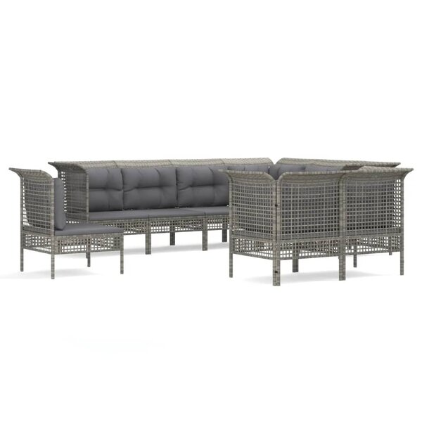 vidaXL Salon de jardin 9 Pièces avec coussins Gris Résine tressée