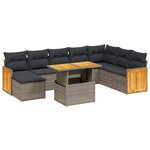 vidaXL Salon de jardin 9 Pièces avec coussins gris résine tressée