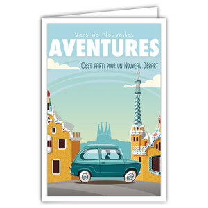 Carte Départ Vers Nouvelles Aventures avec Enveloppe Affichette Mini Posters Format 17x11 5cm Retraite Déménagement Changement Vie Voyage Barcelone Espagne Voiture Rétro Vintage Bleu