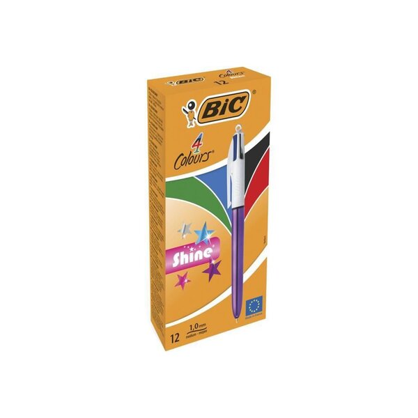 BIC 4 Couleurs Shine Stylos-Bille Rétractables Pointe Moyenne (1,0 mm) - Corps Violet Métallisé, Boîte de 12