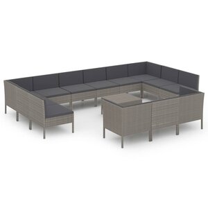vidaXL Salon de jardin 14 Pièces avec coussins Résine tressée Gris