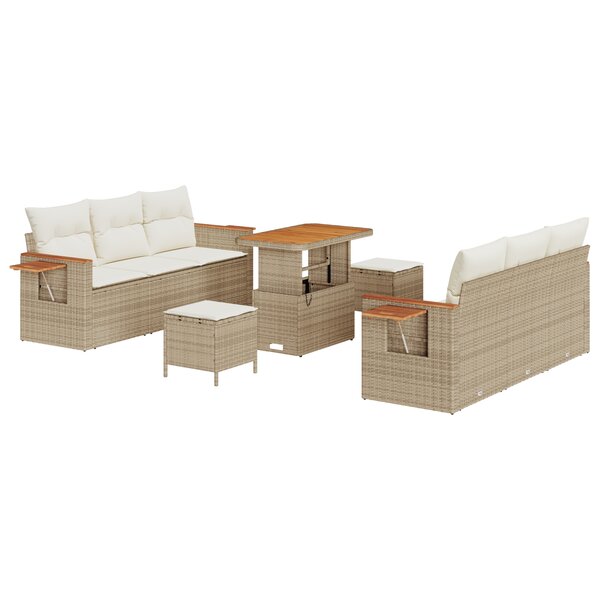 Ensemble de Canapé de Jardin de 9 Pièces avec Coussins Beige Poly Rattan Acacia