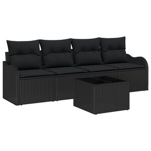 Canapé de jardin 5 pièces avec coussins noir en poly rotin