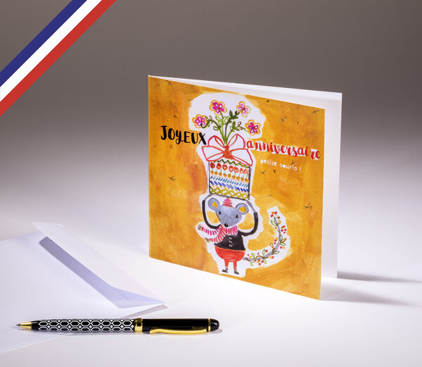 Carte double in the garden créée et imprimée en france sur papier certifié pefc - joyeux anniversaire petite souris !
