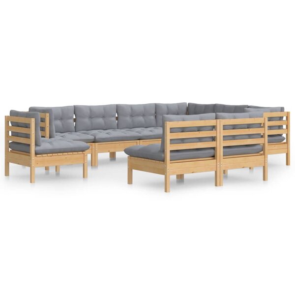 vidaXL Salon de jardin 9 Pièces avec coussins gris bois de pin massif