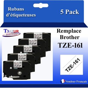 5x Rubans d'étiqueteuses compatibles avec Brother Tze161 Tze-161 pour étiqueteuses P-touch - Texte noir sur fond transparent - Largeur 36 mm x 8 mètres - T3AZUR
