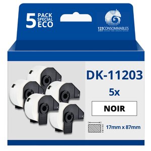 Pack de 5 Rouleaux Étiquettes prédécoupées pour dossiers compatible avec BROTHER DK-11203 - 17x87 mm - 300 unités - Texte noir sur fond blanc