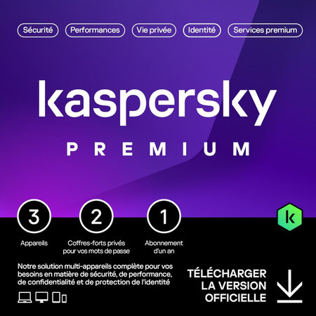 Kaspersky Premium - Licence 1 an - 3 appareils - A télécharger