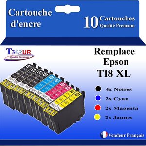 T3AZUR- 10x Cartouches Compatibles avec Epson 18XL 18 XL remplace Expression Home XP-205 XP-215 XP-305 XP-312 XP-315 XP-322 XP-325 XP-405 XP-412 XP-415 XP-422 XP-425