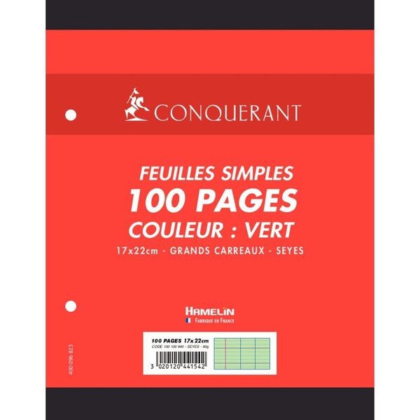 Sachet 50 feuilles perforées seyès 80 g vert format 17 x 22 cm CONQUERANT