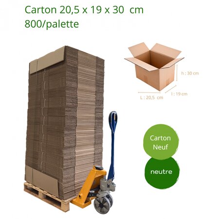 Palette de 800 cartons 20.5 x 19 x 30 simple cannelure (x 800)