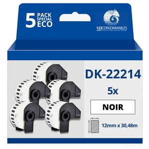 Pack de 5 Rouleaux Étiquettes compatible BROTHER DK-22214 - Largeur 12 mm x 30 48 m