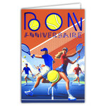 65-1427 Carte Bon ANNIVERSAIRE TENNIS Texte BLEU Brillant avec Enveloppe 12x17 5cm Pour sportif sportive tennisman tenniswoman joueur joueuse sport de raquette balle jaune court supporter la France