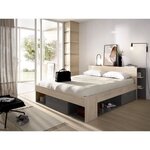 Lit adulte 160 x 200 cm - 3 tiroirs + Tête de lit avec rangement - Décor chêne et anthracite