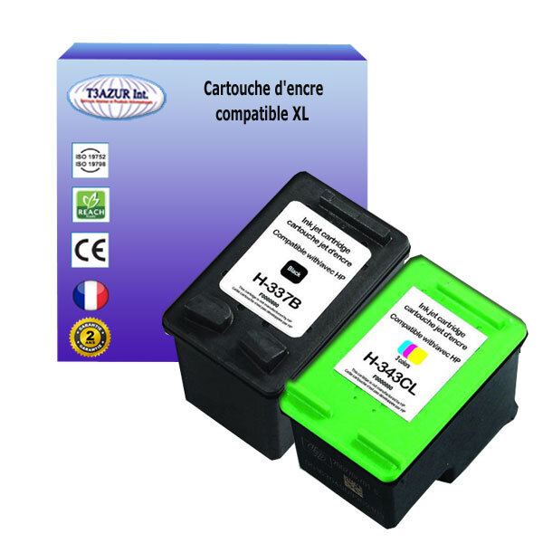 1+1 Cartouches compatibles avec HP OfficeJet 6304, 6307, 6308, 6310, 6313, 6315, 6318 remplace HP 337 + HP 343 (Noire+Couleur) 18ml - T3AZUR