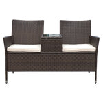 Banc de jardin design contemporain 133L x 63l x 84H cm banc double chaise avec coussins assise + tablette intégrée résine tressée chocolat polyester crème