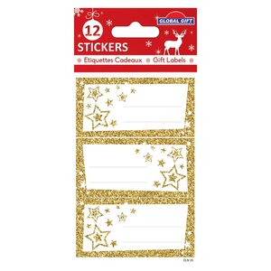 12 étiquettes adhésives de Noël - Étoiles dorées à paillettes