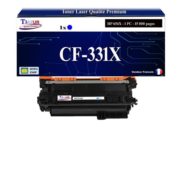 T3AZUR - 654X Toner compatible avec CF331X Cyan compatible avec HP Color LaserJet Enterprise M650  M651dn  M651n  M651x  M651xhm