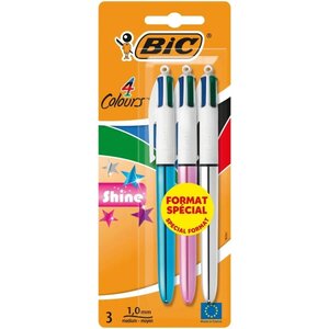 Bic 4 Couleurs Shine Lot de 3 Stylos Bille Rétractables - Pointe 1 mm - Trait 0 4 mm - Encre à l'huile - Corps Or/Blanc - 4 Couleurs