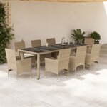 vidaXL Ensemble à manger de jardin et coussins 9 Pièces beige rotin verre