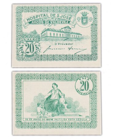 Billet de collection 20 centavos 1920 - portugal - hospital de s josé - arcos de valdevez - neuf - local