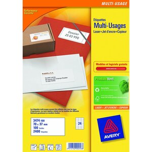 Boite de 2400 étiquettes blanches multi usages 70x37mm pour laser. Jet d'encr... Avery zweckform