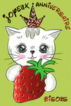 67-1275 Carte Joyeux ANNIVERSAIRE Bisous Chaton Mignon Grosse Fraise Rouge Brillante Enveloppe 12x17 5cm Couronne Princesse Reine pour Petite Fille Hello Cat