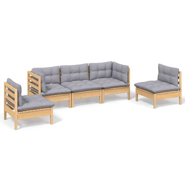 vidaXL Salon de jardin 5 Pièces avec coussins gris bois de pin massif
