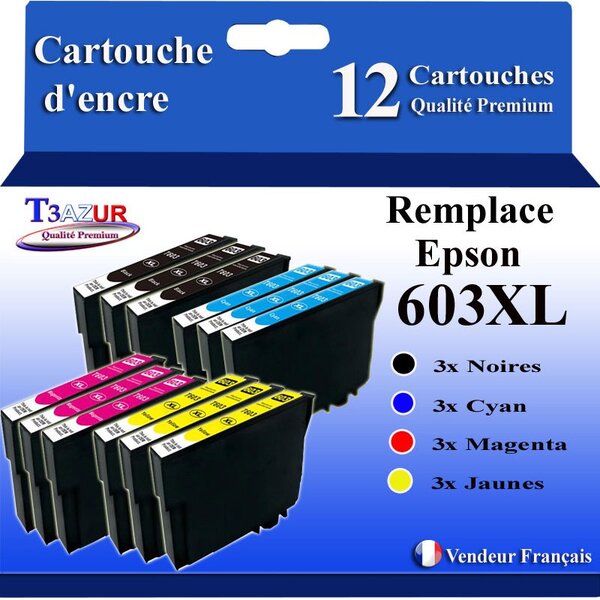 T3AZUR - 12 Cartouches Compatibles avec Epson 603 603XL Noire pour Epson Expression Home XP-2100 XP-2105 XP-3100 XP-3105 XP-4100 XP-4105 XP-4150 Workforce WF-2810 WF-2830 WF-2835 WF-2850 WF-2870