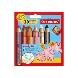 Crayons de couleur Stabilo Woody 3-en-1 30e anniversaire Licorne  pack de 6 + taille-crayons - Crayon de couleur  cire et aquarelle  tout en un - Mine XXL 10 mm - Couleurs assorties