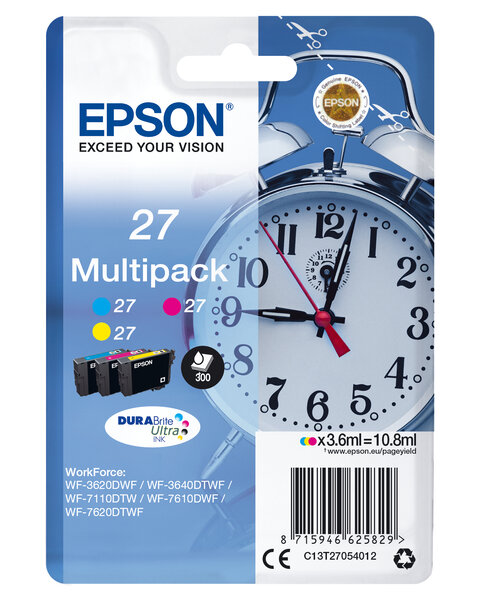 Epson cartouche reveil encre du 27 cartouche dencre cyan  magenta et jaune capacite standard 3x3.6ml 3x350 pages combopack rf-am blister