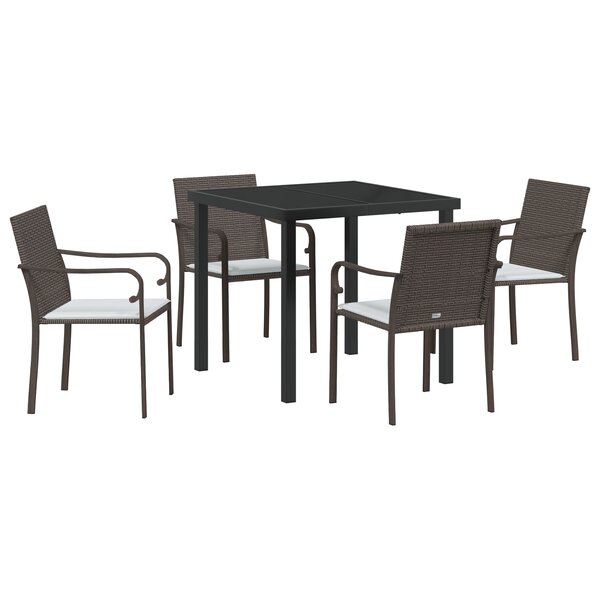 Ensemble repas de jardin 5 pièces avec coussins en poly rotin marron