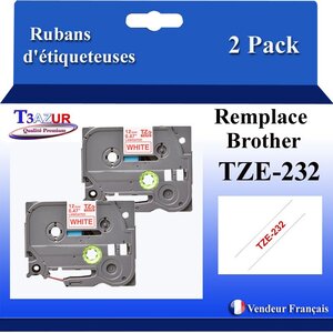 2x Rubans d'étiqueteuses compatibles avec Brother Tze232 Tze-232 pour étiqueteuses P-touch - Texte rouge sur fond blanc - Largeur 12 mm x 8 mètres - T3AZUR