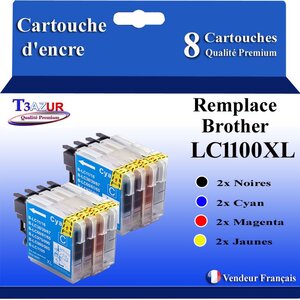 T3AZUR- Lot de 8 Cartouches compatibles avec Brother LC1100 XL pour Brother DCP145C DCP163C DCP165C DCP167C DCP185C