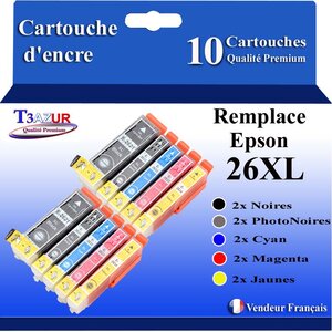 T3AZUR - 10 Cartouches Compatibles avec Epson XP-510 XP-520 XP-600 XP-605 XP-610 XP-615 remplace Epson T26XL