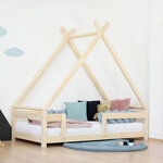 Lit Tipi enfant avec barrière bois massif naturel 90 x 180 cm