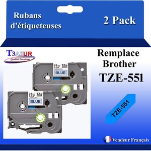 2x Rubans d'étiqueteuses compatibles avec Brother Tze551 Tze-551 pour étiqueteuses P-touch - Texte noir sur fond bleu - T3AZUR