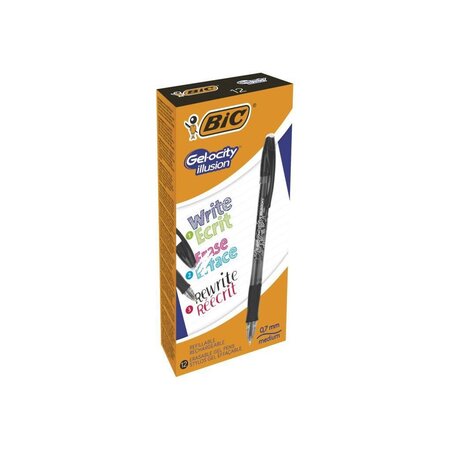 BIC Gel-ocity Illusion Stylos Gel Effaçables Pointe Moyenne (0,7 mm) - Noir, Boîte de 12