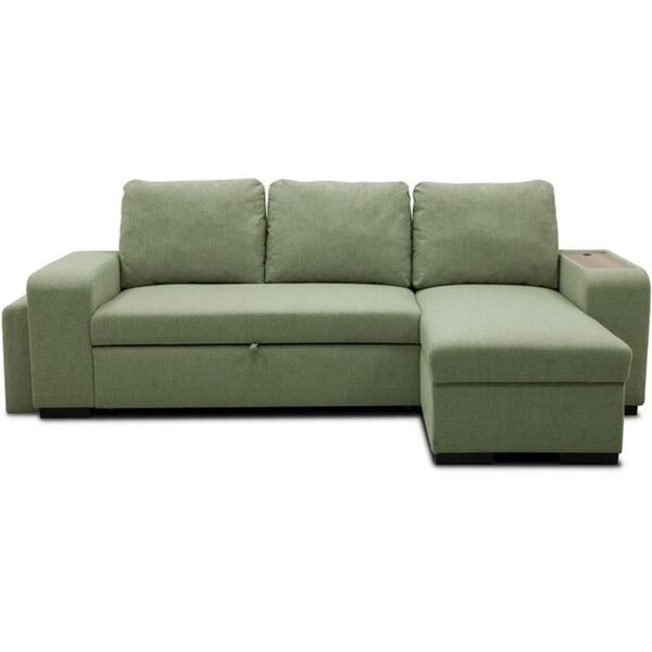 Canapé d'angle convertible réversible VALDO 3-4 places - Tissu Neve Sauge - Tablette USB - Coffre + Pouf - 247 x 143 x 86 cm