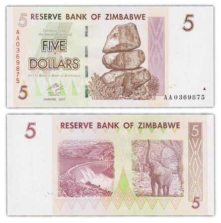 Billet de collection 5 dollars 2007 zimbabwe - neuf - p66
