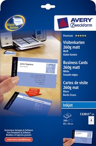 Pqt de 25 F de 8 Cartes de visite Quick & Clean mat 260g 85x54 mm AVERY ZWECKFORM