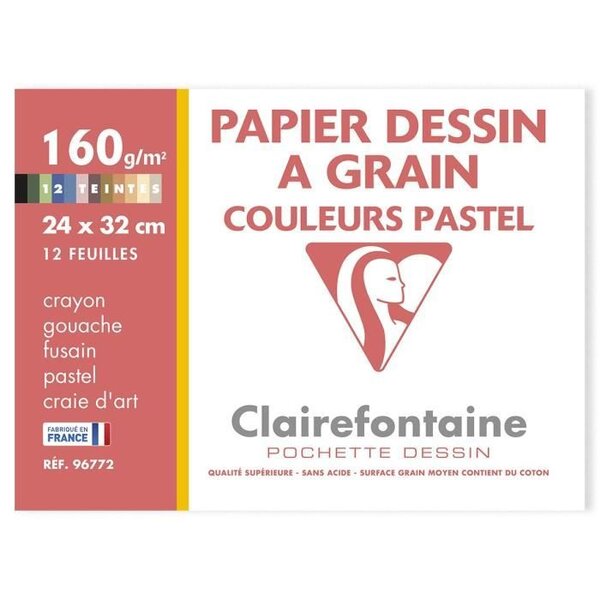 CLAIREFONTAINE - Pochette dessin - Papier a grain P.E.F.C - 24 x 32 - 12 feuilles - 160G - Pastel
