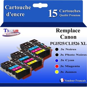 T3AZUR - 15x Cartouches compatibles avec Canon PGI525 CLI-525 XL pour Canon Pixma iP4850 iP4900 iP4950 iX6500 iX6550