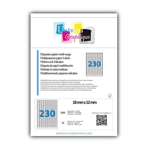 Lot de 10 planches a4 de 230 étiquettes à bords ronds 18 x 12 mm en papier blanc 70g/m² multifonction