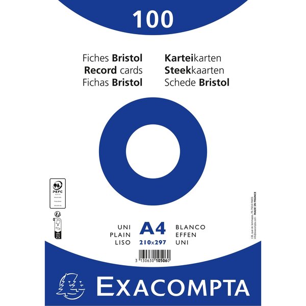 Paquet 100 Fiches Sous Film - Bristol Uni Non Perforé - 210x297mm - Blanc - X 10 - Exacompta