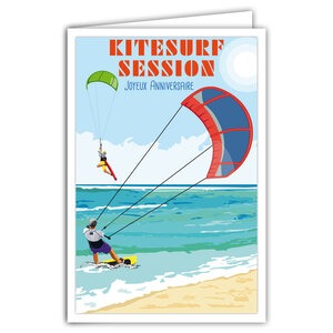 Carte Joyeux Anniversaire avec Enveloppe - Mini Poster Format 17x11 5cm Style Rétro Vintage - Kitesurf Sport Nautique Mer Océan Vagues Vent Plage Sable - Fabriquée en France