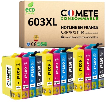 COMETE- Marque française 603xl - 12 cartouches 603 xl compatibles epson 603 etoile de mer pour epson expression home our imprimantes XP 2100 XP 2105 - 3 noirs + 3 cyan + 3 magenta + 3 jaunes-livraison gratuite