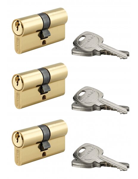 THIRARD - Lot de 3 cylindres de serrure double entrée STD 30x30mm s'entrouvrant laiton 3 clés/cylindre