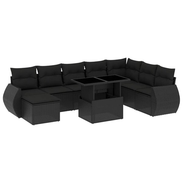 vidaXL Salon de jardin 9 Pièces avec coussins noir résine tressée