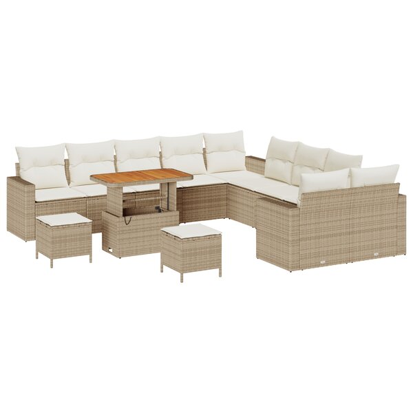 Ensemble de canapé de jardin 13 pièces avec coussins  beige  poly rattan  acacia